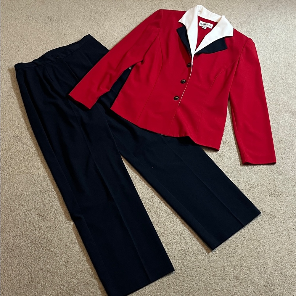 Vintage Danny & Nicole Red-Dark Blue-Cream Pantsuit | Machine Washable | Size 8